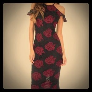Black and Wine Embroidered Frill Midi Dress